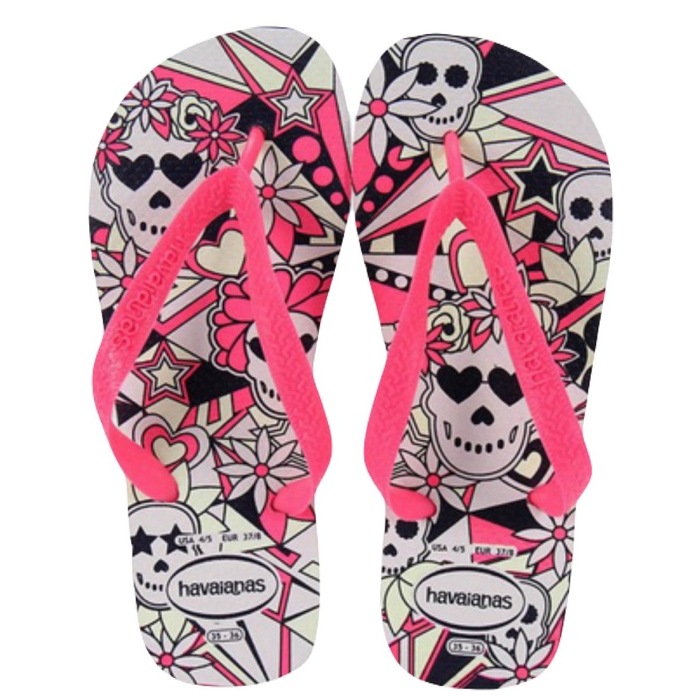 Havaianas Women's size 7/8 Fun Skull White Pink Flip Flop Sandals